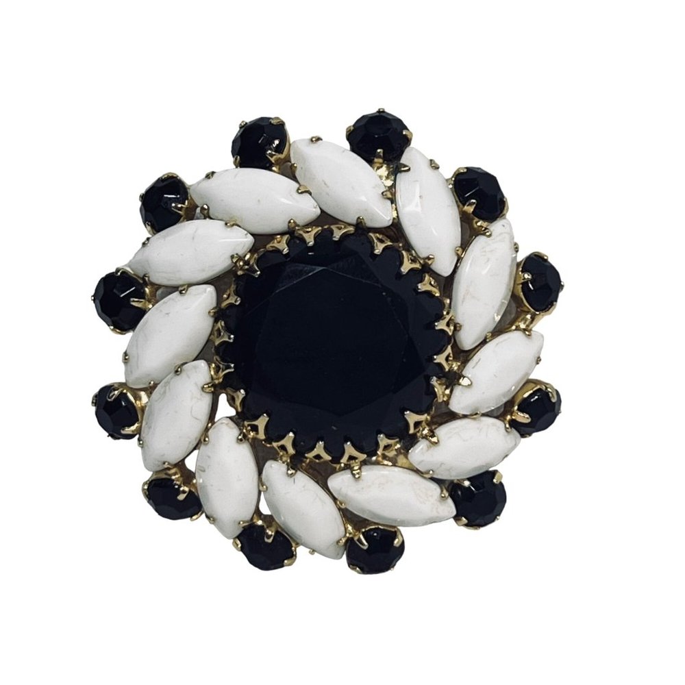 Schreiner Gold Tone, Milk Glass And Black Faceted Glass Stones Brooch (5135)